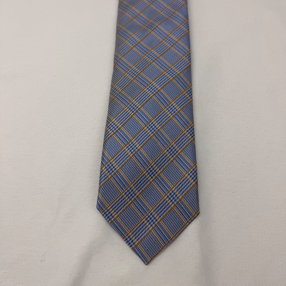 Peter Millar Necktie Mens 60"x3.25" Blue Gold Plaid Hand Folded Silk Check